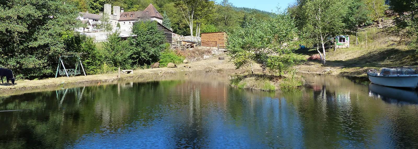 Bassin en premier plan ,moutons chêvres et vache sur la rive opposée, au fond en hauteur, le grand gîte du bas de Chêne